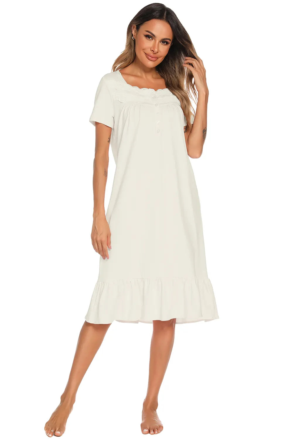 Lace Detail Square Neck Lounge Dress Easy Apparels