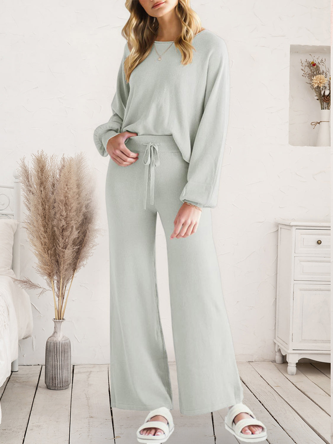 Long Sleeve Lounge Top and Drawstring Pants Set Light Gray Easy Apparels