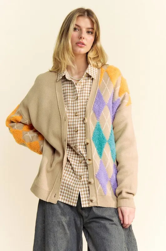 Davi & Dani Argyle V-Neck Dropped Shoulder Cardigan Easy Apparels