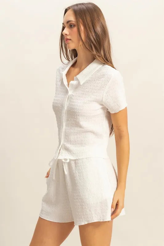 HYFVE Textured Short Sleeve Top and Drawstring Shorts Knit Set Easy Apparels