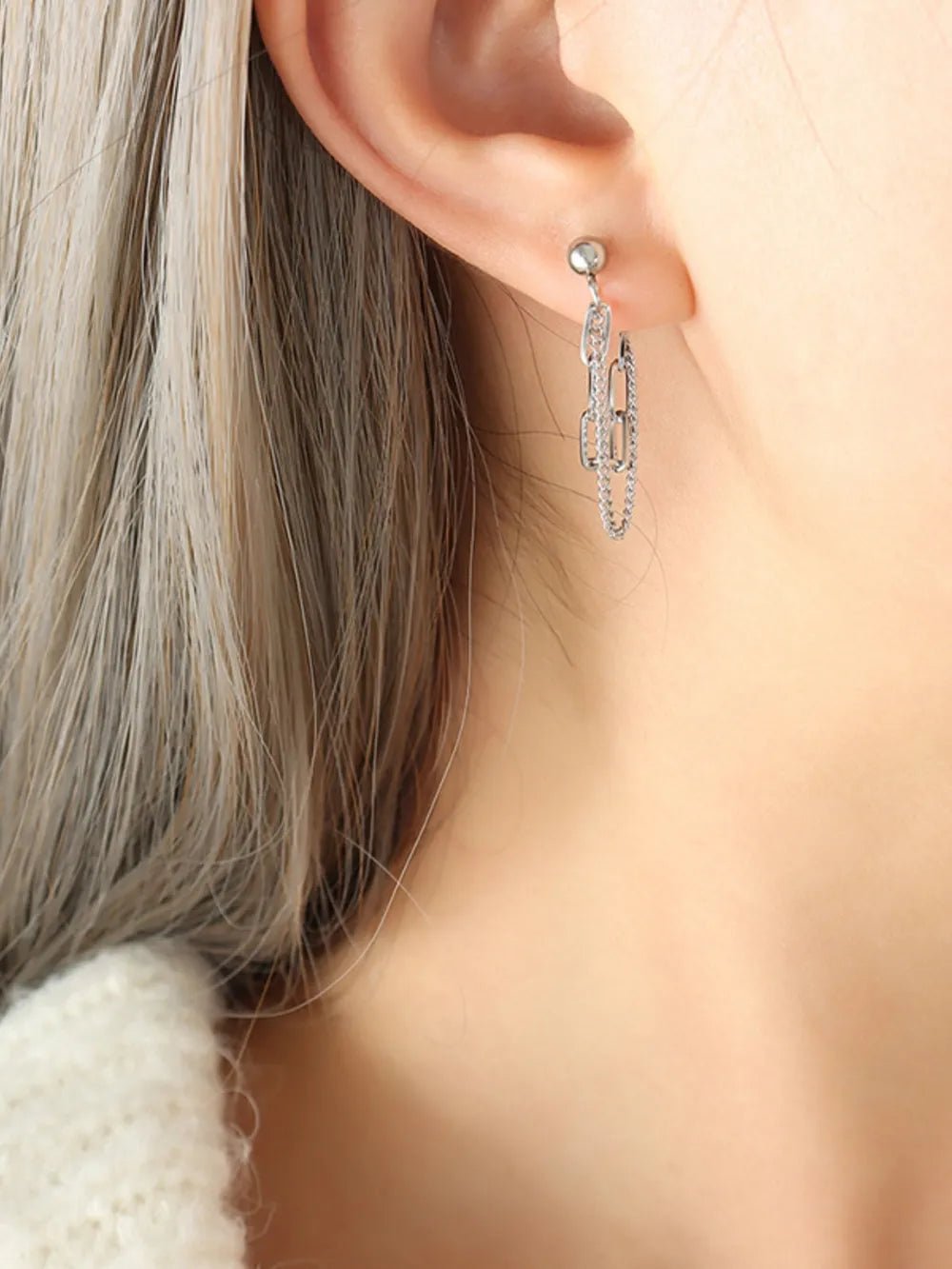 Titanium Steel Double Chain Earrings Silver One Size Easy Apparels