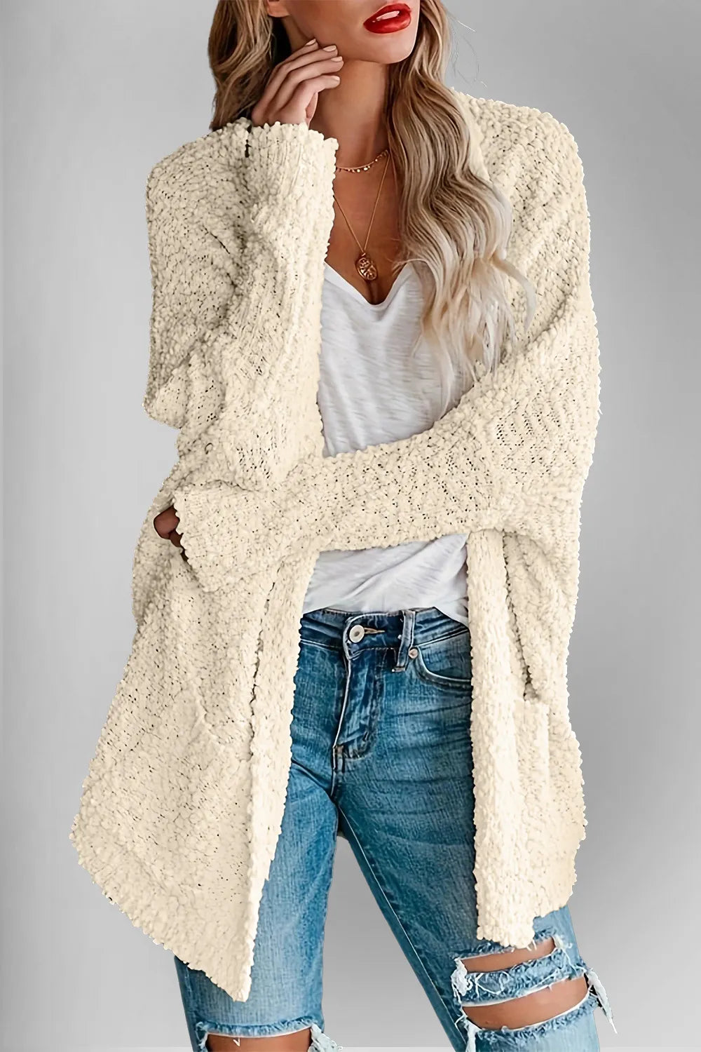 Double Take Pocketed Open Front Long Sleeve Cardigan Cream Easy Apparels