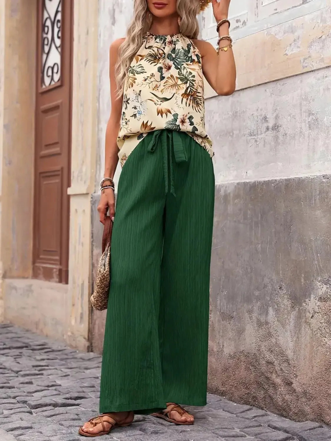 Printed Tank Top and Wide Leg Pants Set Easy Apparels
