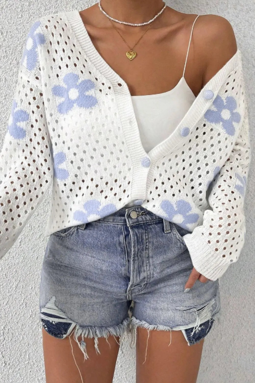 Flower Hollowed Out Button Down Long Sleeve Cardigan Easy Apparels