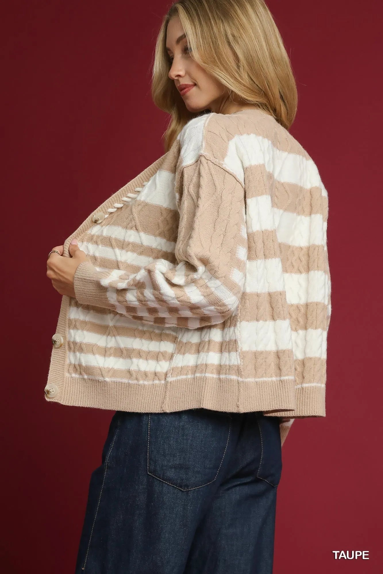 Umgee Cable-Knit Stripe Button-Up Cardigan Easy Apparels