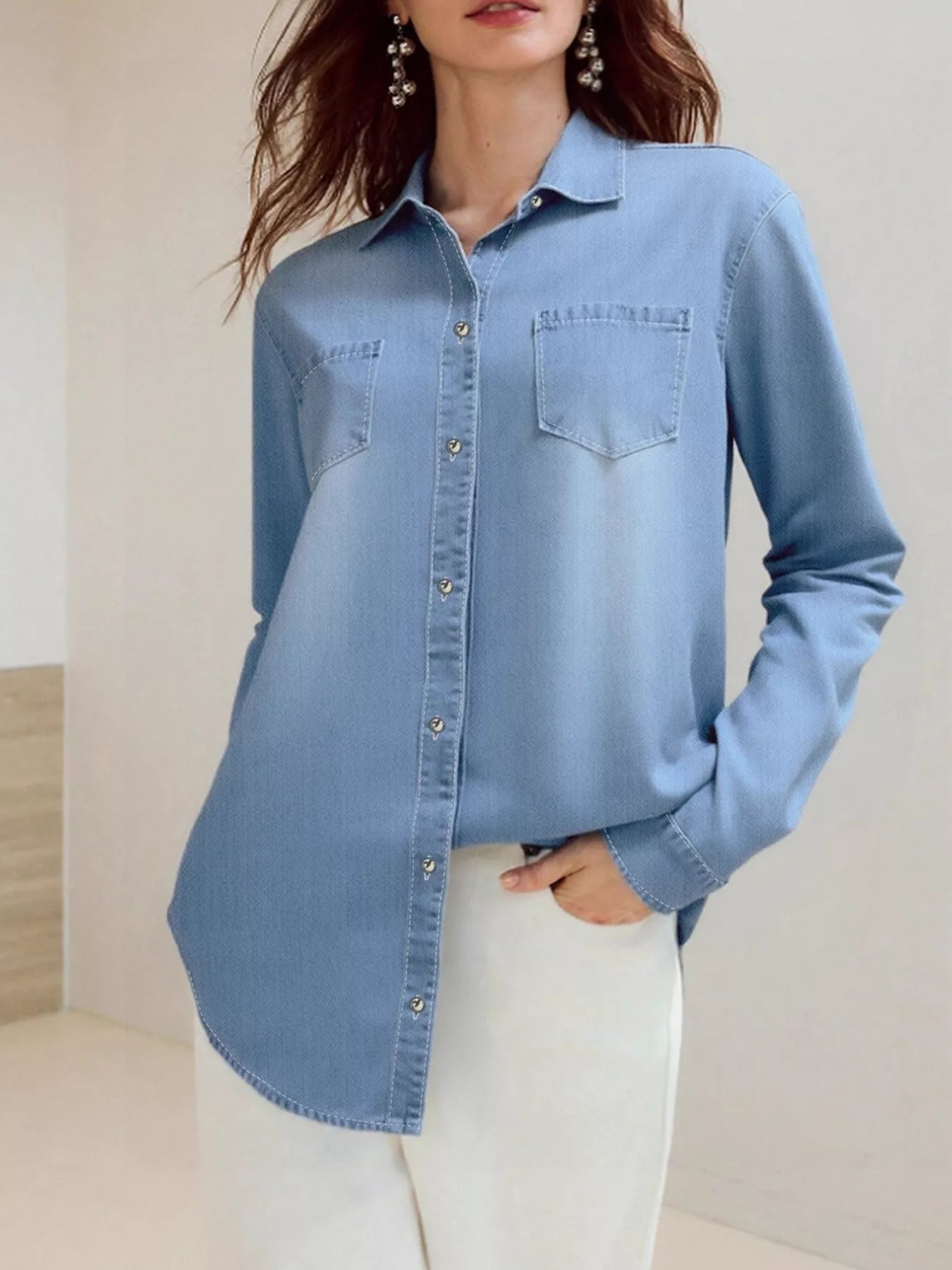 Full Size Button-Up Long Sleeve Denim Shirt Plus Size Easy Apparels