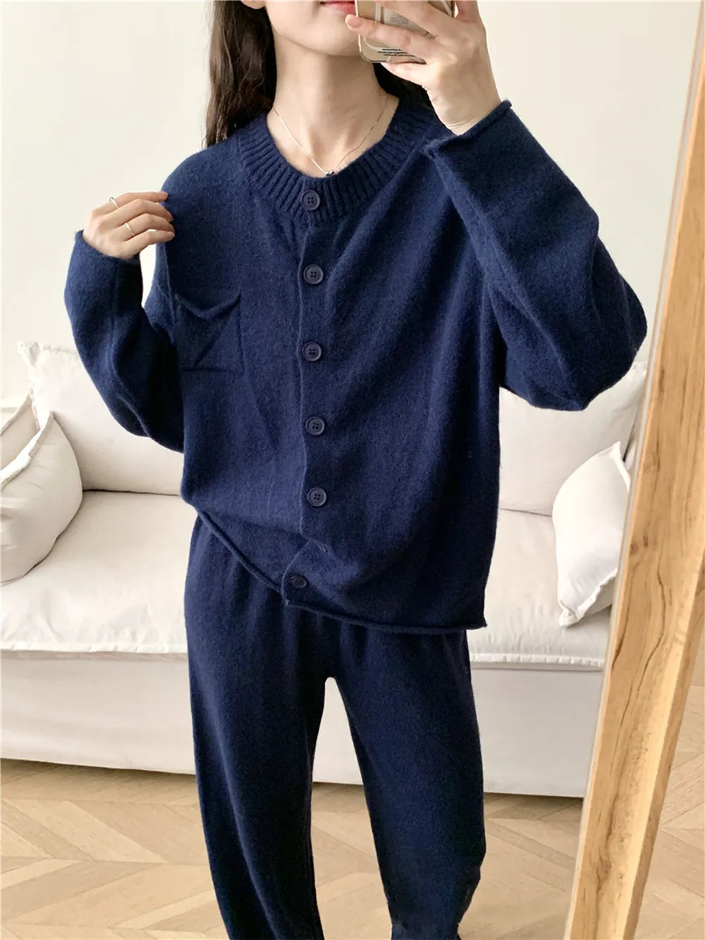 Pocketed Round Neck Button Up Cardigan and Pants Sweater Set Easy Apparels