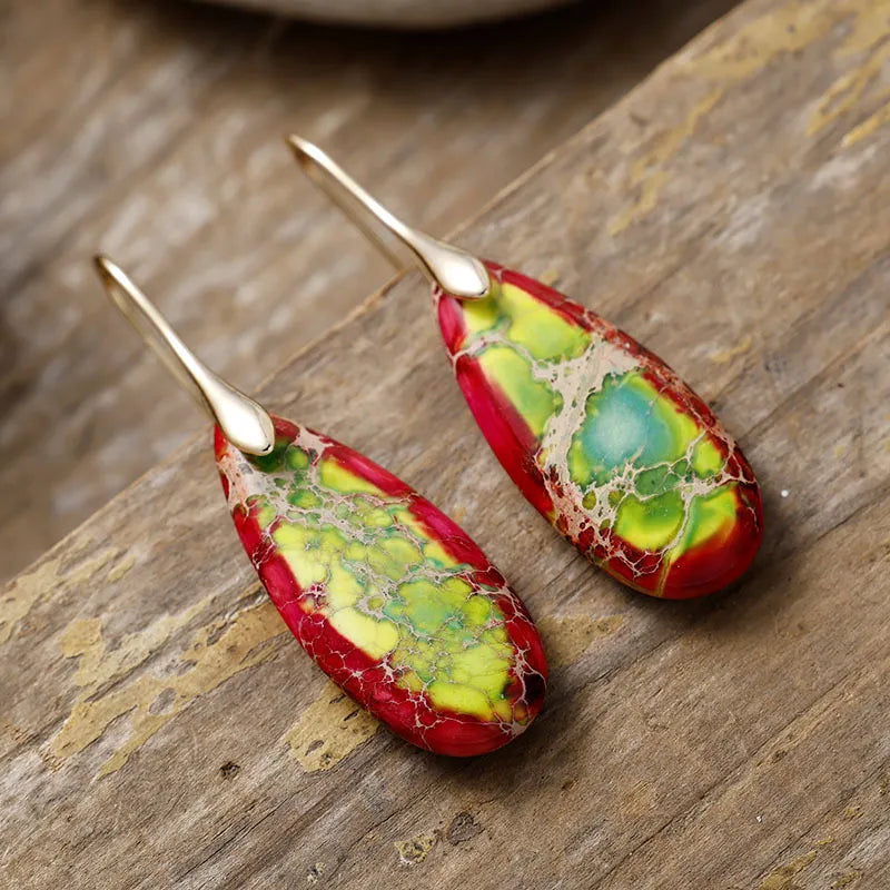 Teardrop Shape Natural Stone Dangle Earrings Red Green Gold One Size Easy Apparels