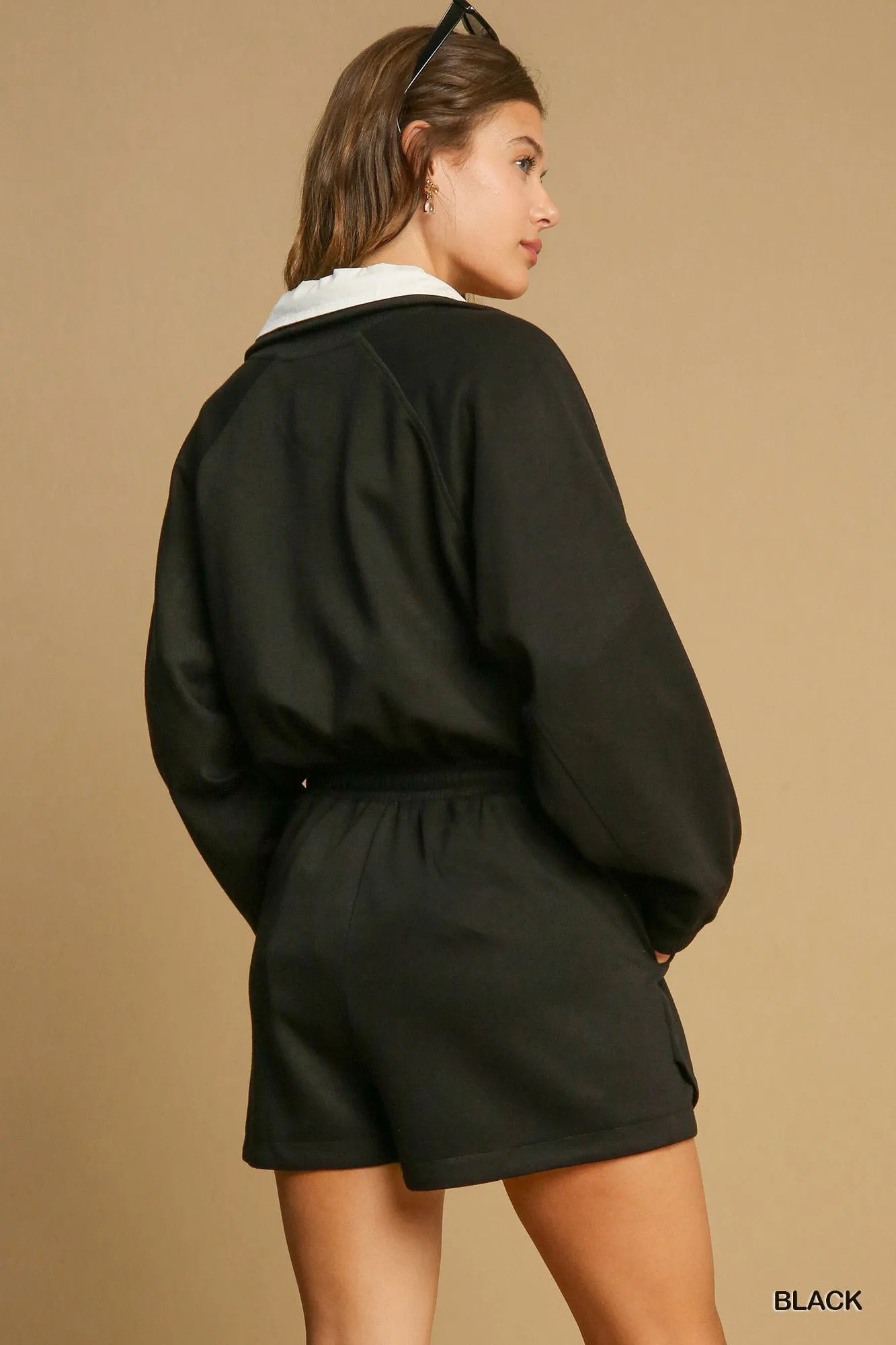 Umgee Half Zip Romper with Drawstring Waist Easy Apparels