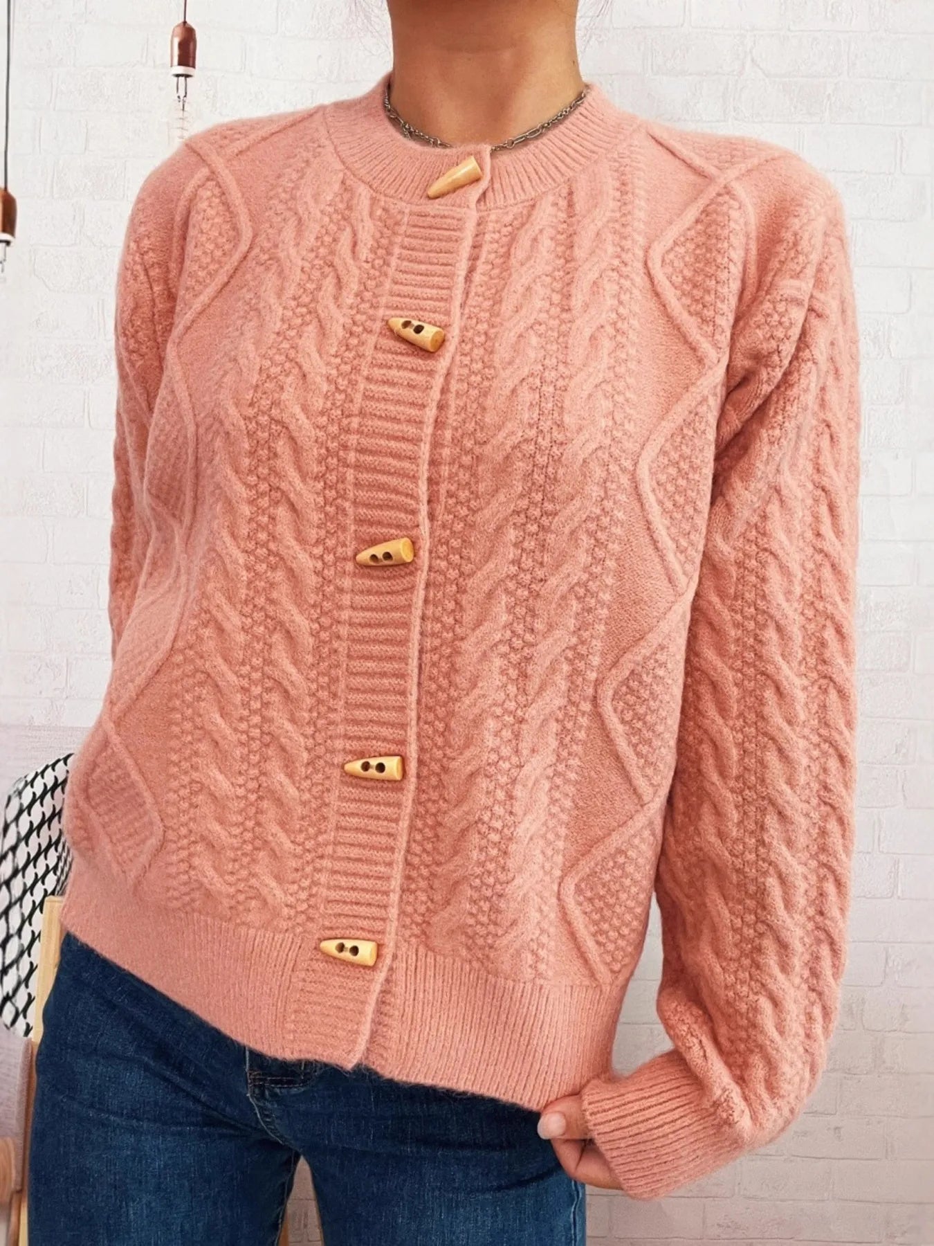 Cable Knit Button-Up Cardigan Pink One Size Easy Apparels