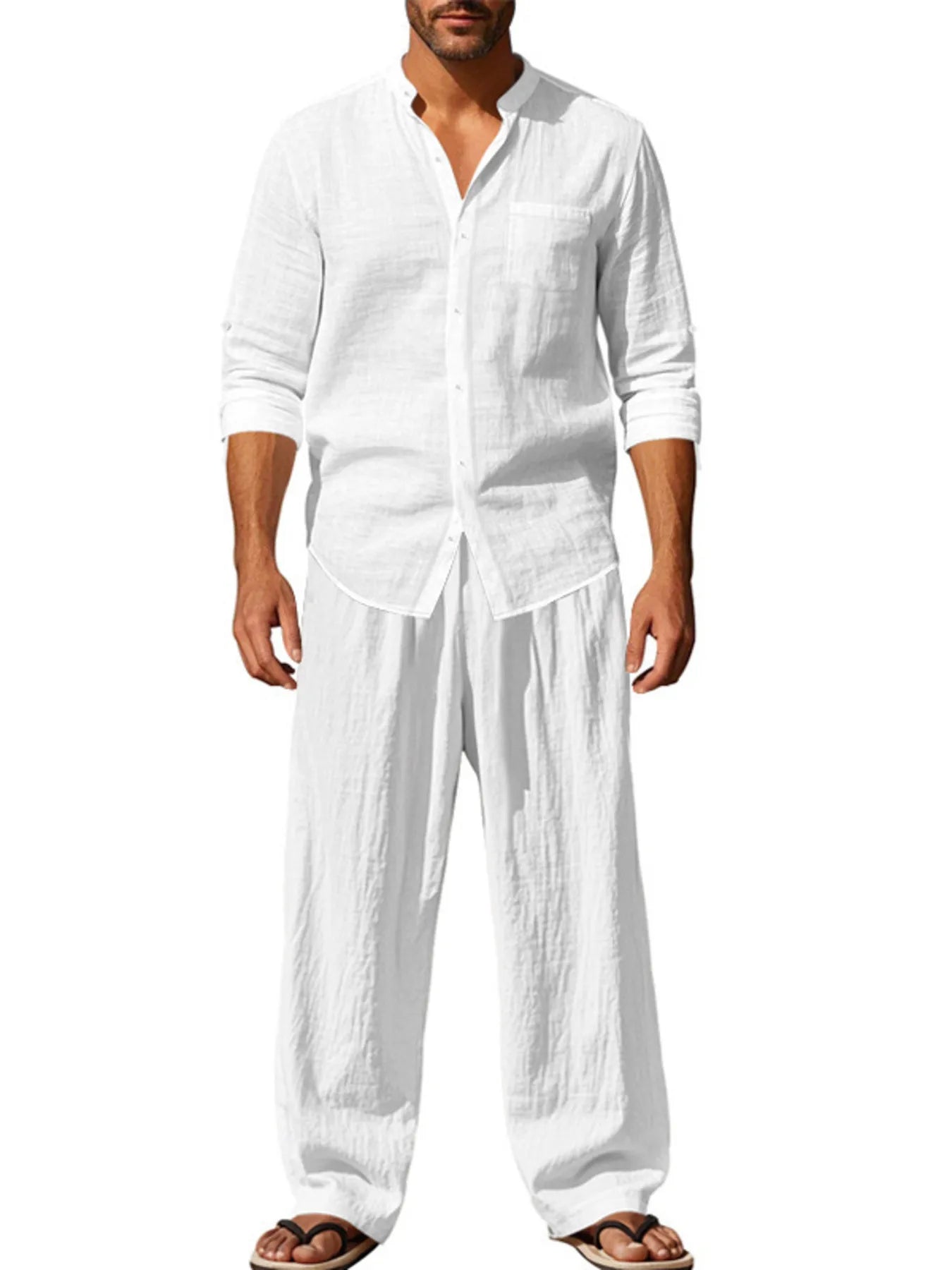Men's Full Size Button Up Shirt and Pants Set Plus Size White Easy Apparels