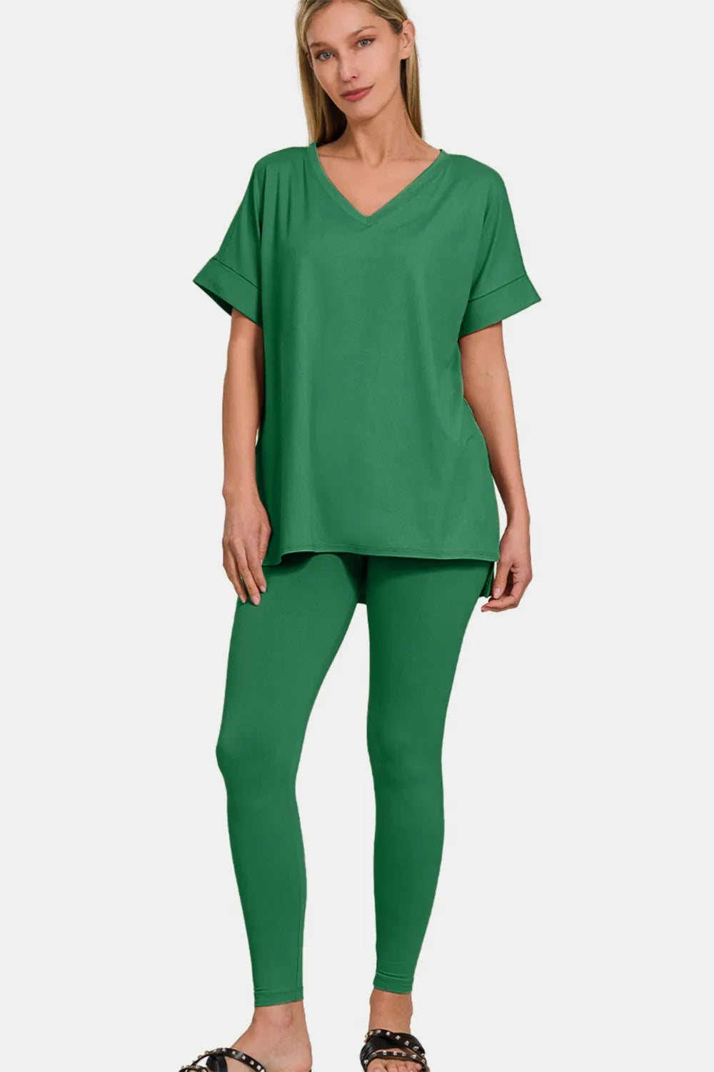 Zenana Full Size V-Neck Rolled Short Sleeve T-Shirt and Leggings Lounge Set Easy Apparels