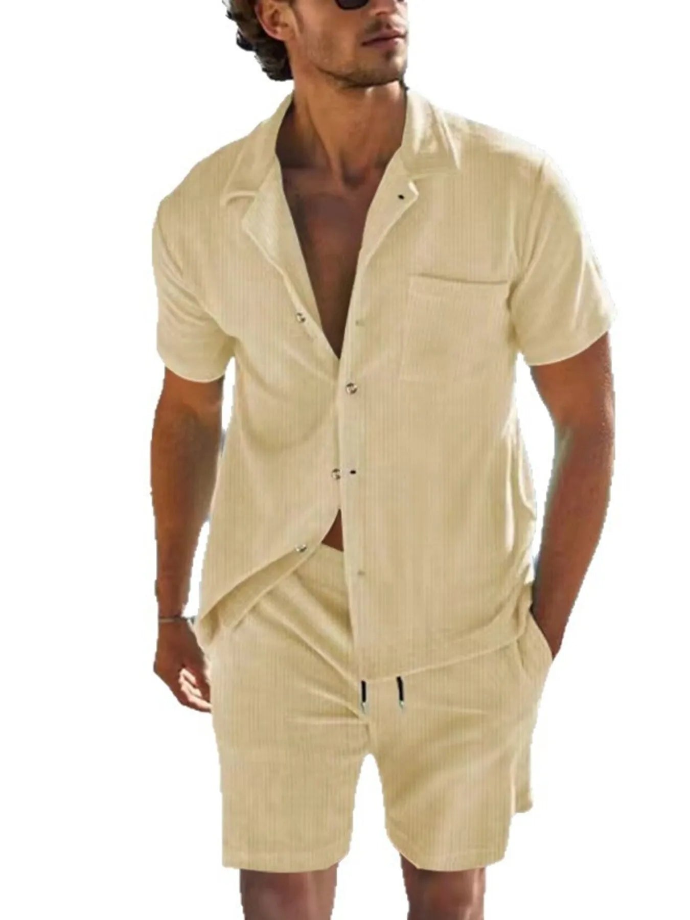 Men's Full Size Button Detail Short Sleeve Top and Shorts Set Plus Size Easy Apparels