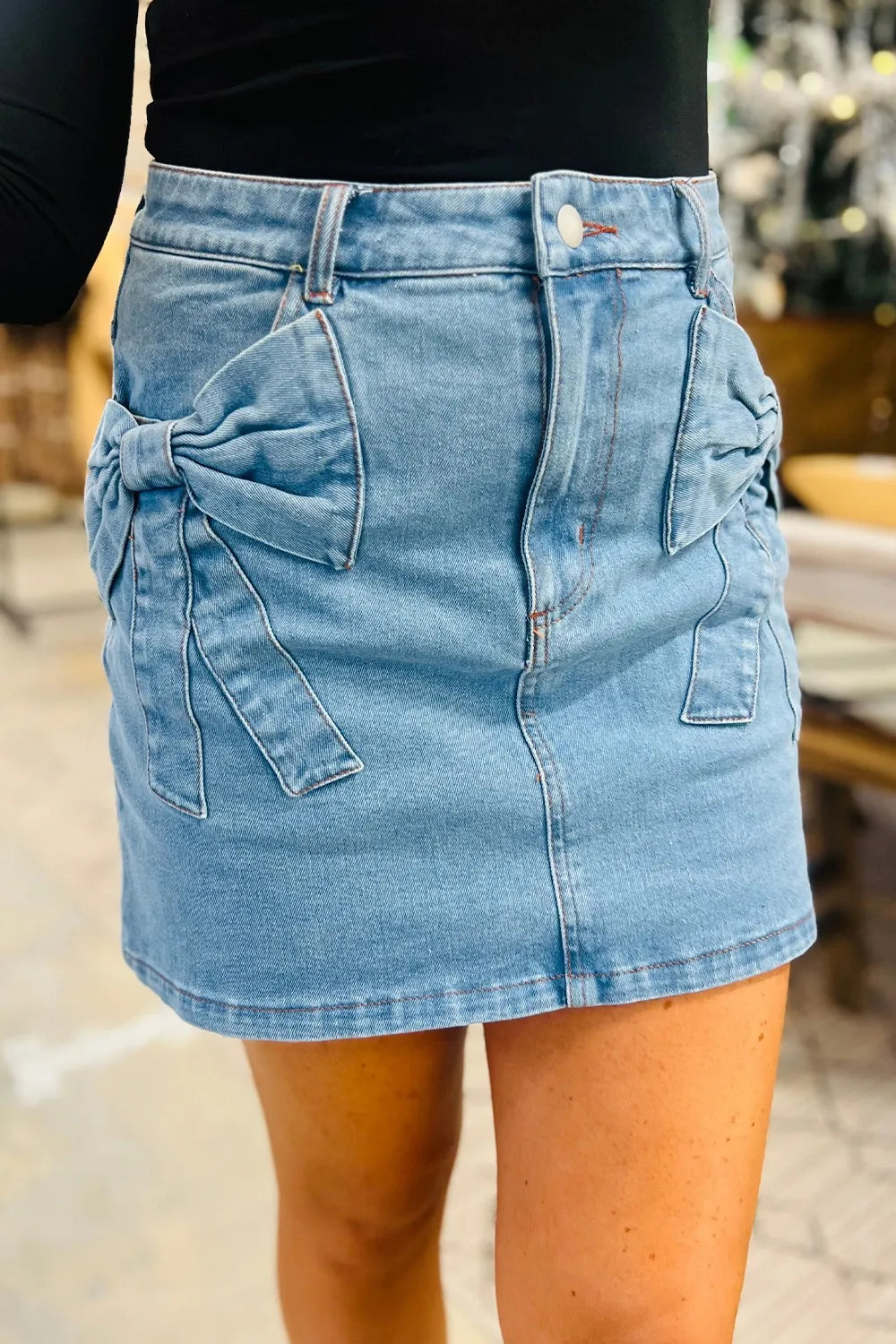 Acid Wash Bowknot Details High Waist Denim Skirt Medium Easy Apparels