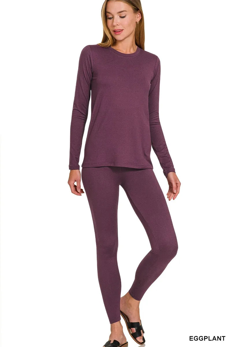 Zenana Microfiber Round Neck Top and Leggings Set EGGPLANT Easy Apparels