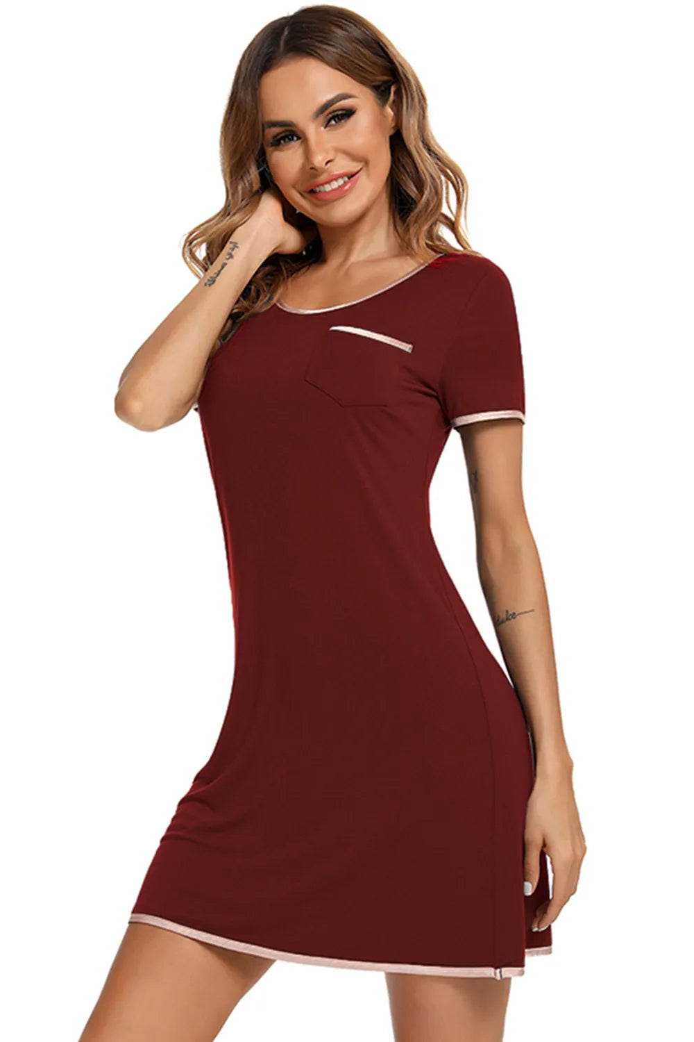 Contrast Trim Pocketed Round Neck Lounge Dress Easy Apparels