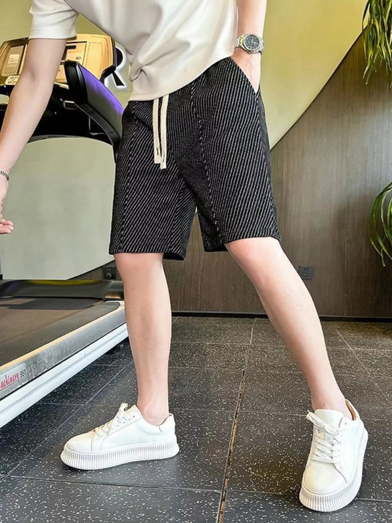 Men's Plus Size Striped Drawstring Casual Shorts Black Easy Apparels