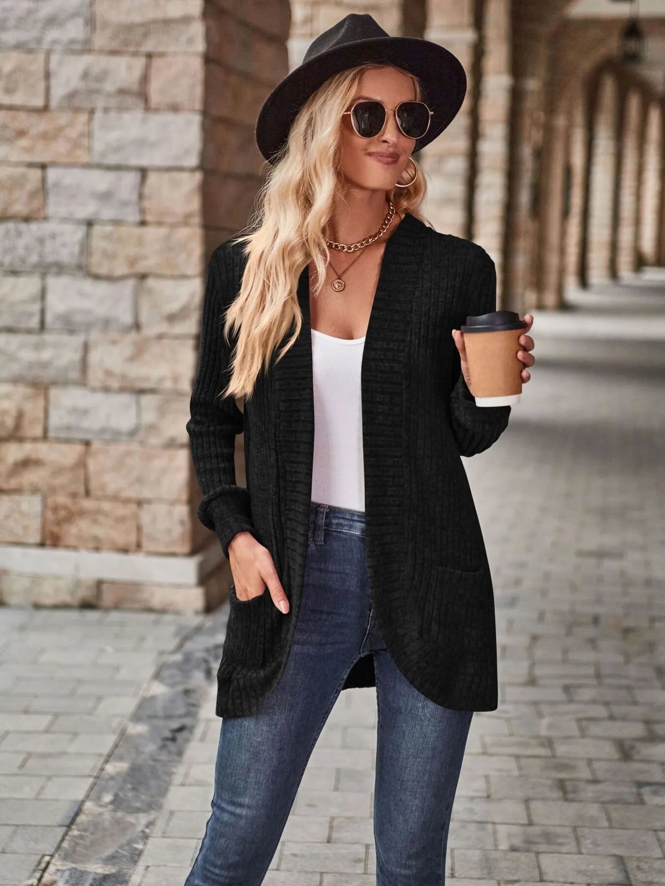 Ribbed Open Front Long Cardigan with Pockets Easy Apparels