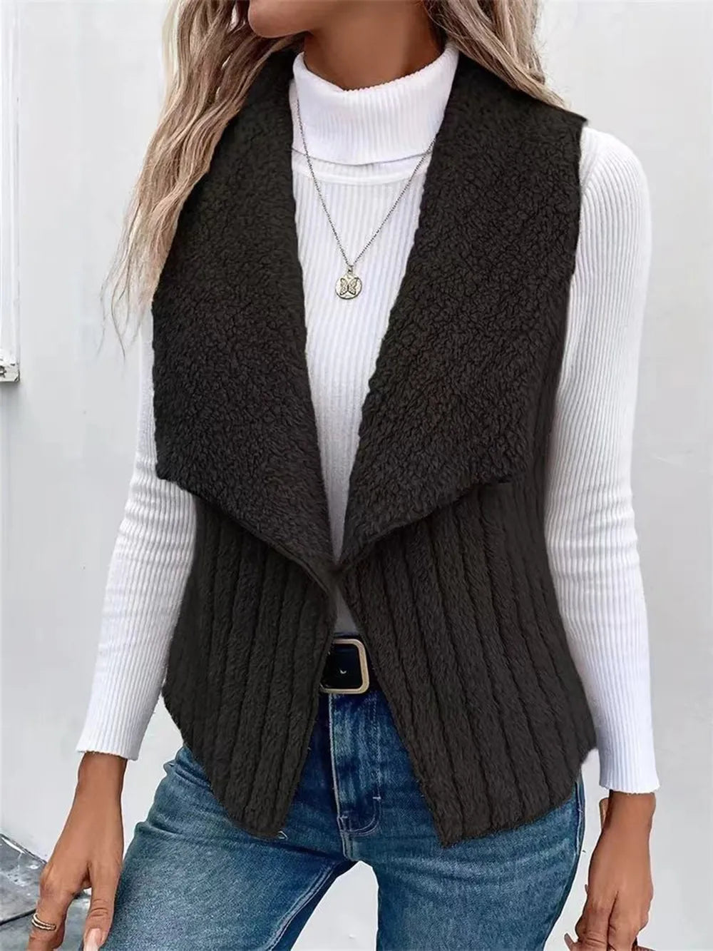 Open Front Fuzzy Vest Coat Black Easy Apparels