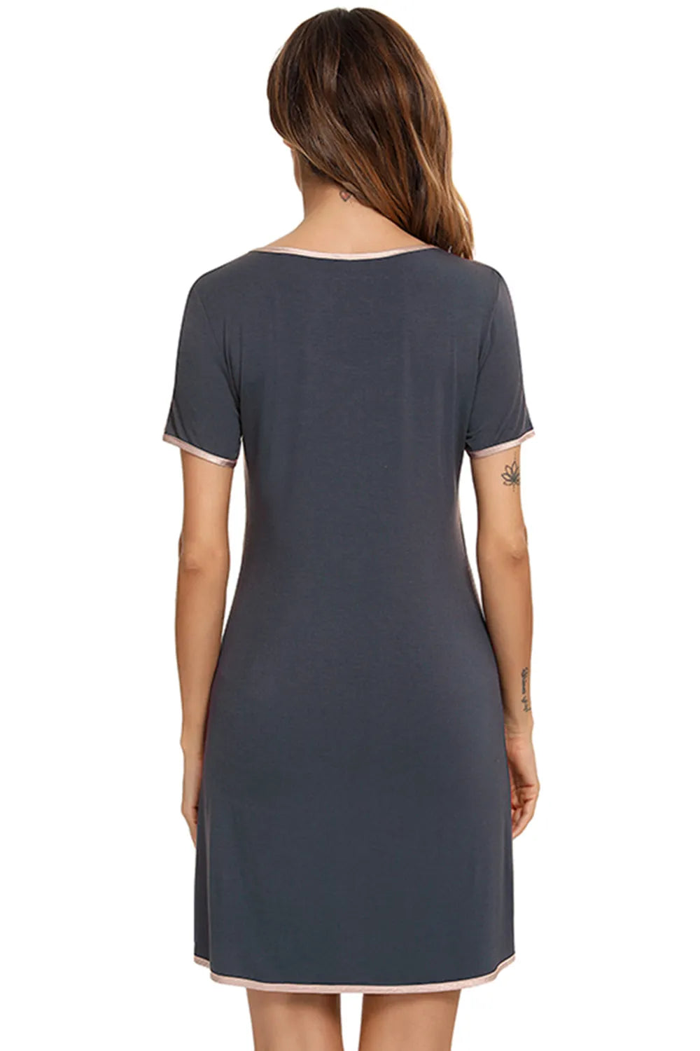 Contrast Trim Pocketed Round Neck Lounge Dress Easy Apparels