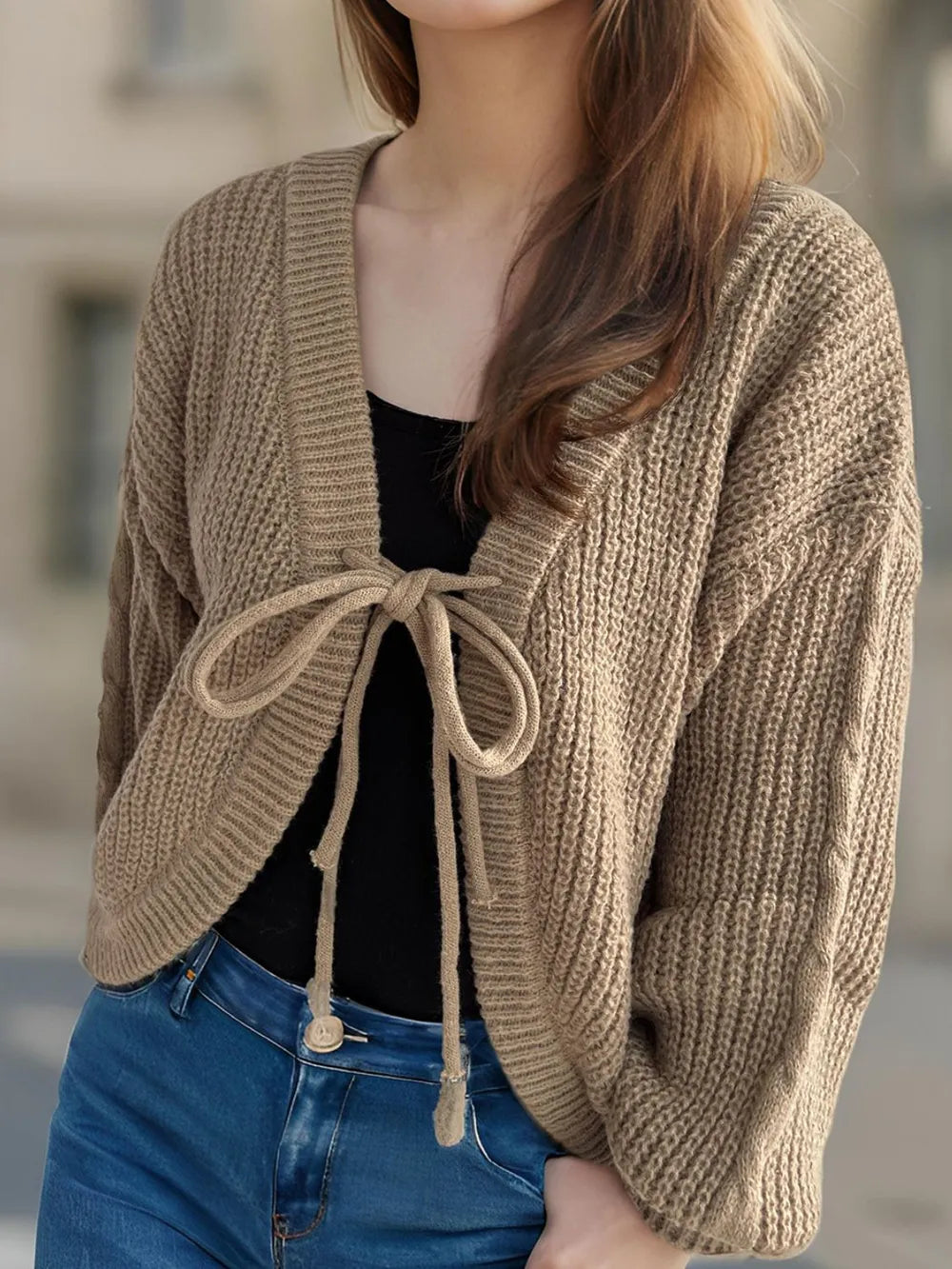 Tied Dropped Shoulder Long Sleeve Cardigan Easy Apparels