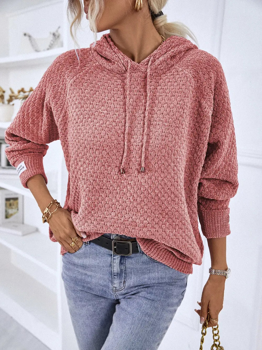 Texture Drawstring Long Sleeve Hooded Sweater Burnt Coral Easy Apparels