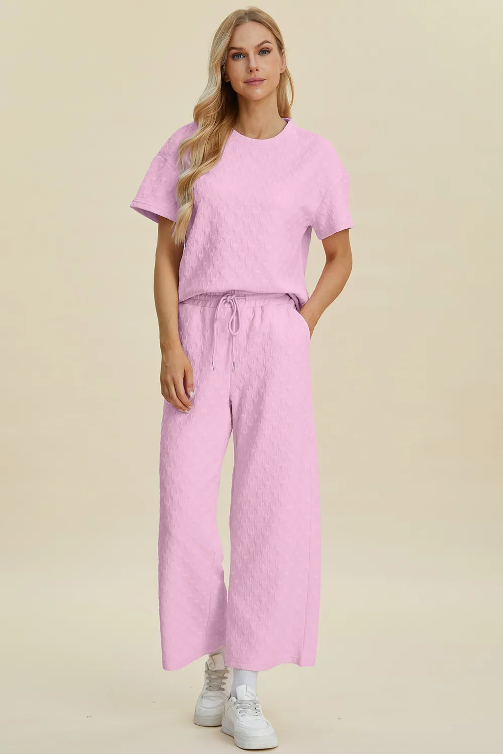 Double Take Full Size Texture Round Neck Short Sleeve Top and Pants Set Pink Easy Apparels