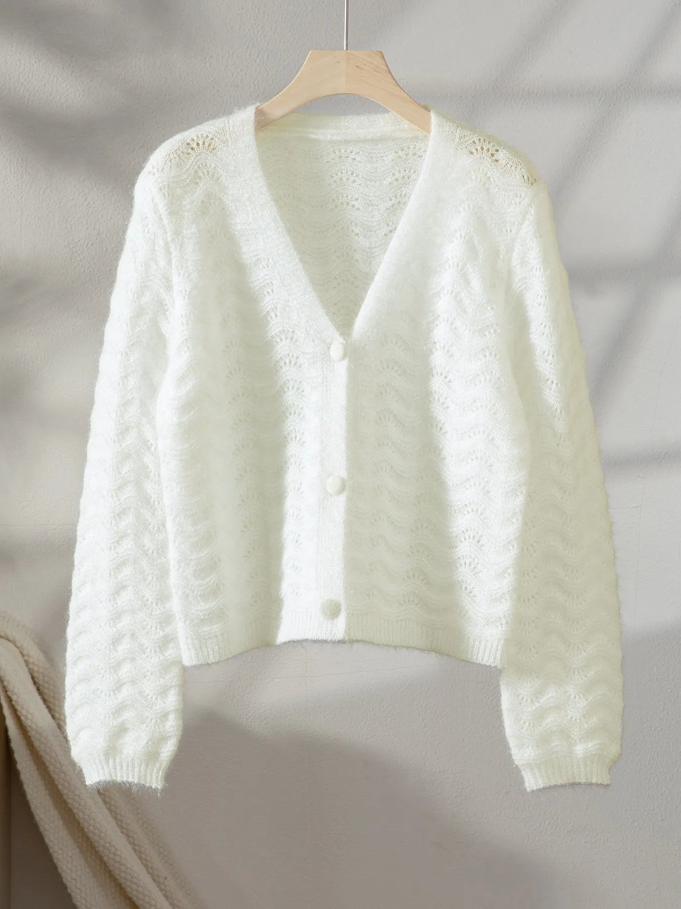 Openwork V-Neck Button Down Cardigan Easy Apparels