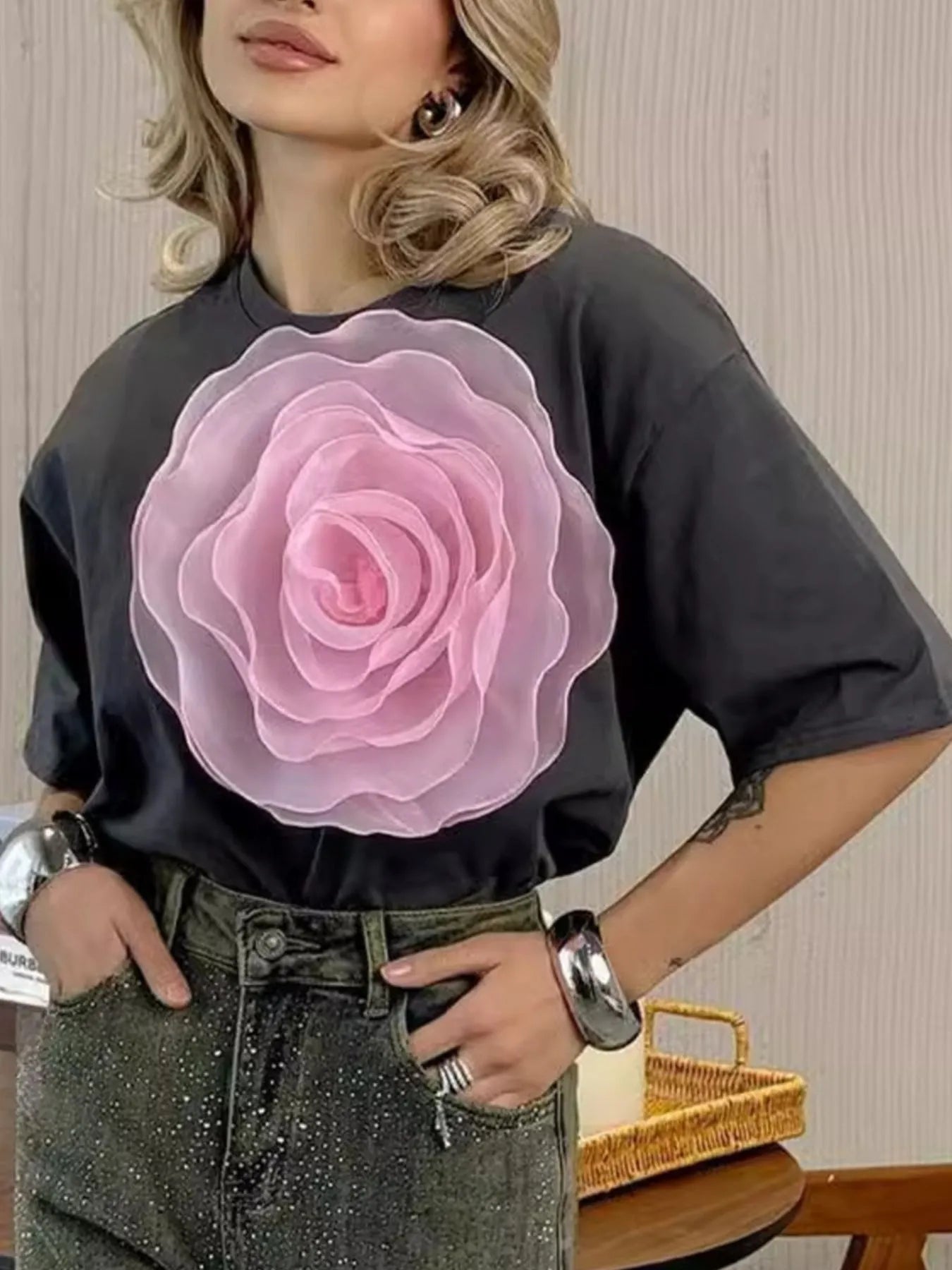 Trendsi Flower Round Neck Short Sleeve T-Shirt
