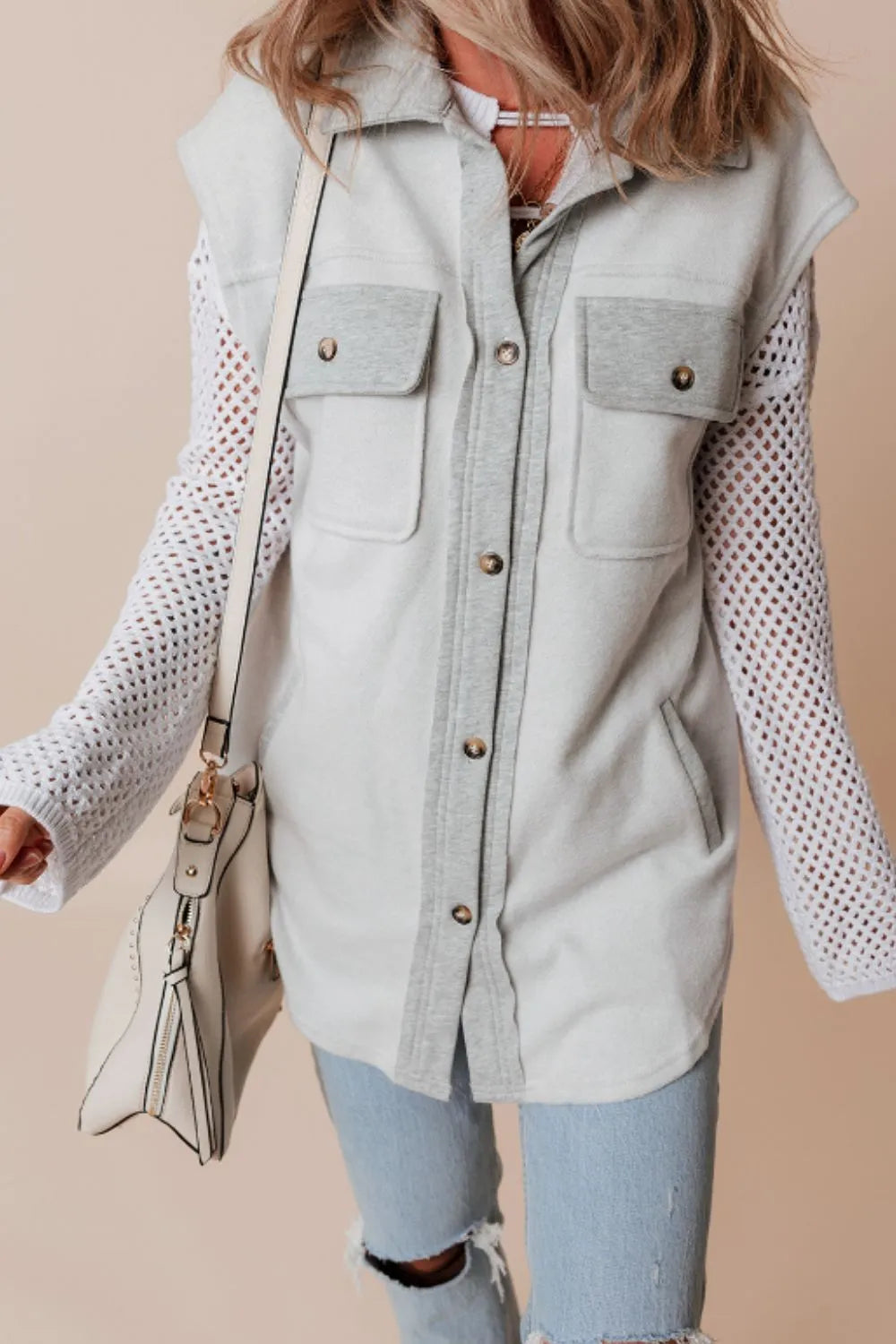 Pocketed Curved Hem Button Up Vest Easy Apparels
