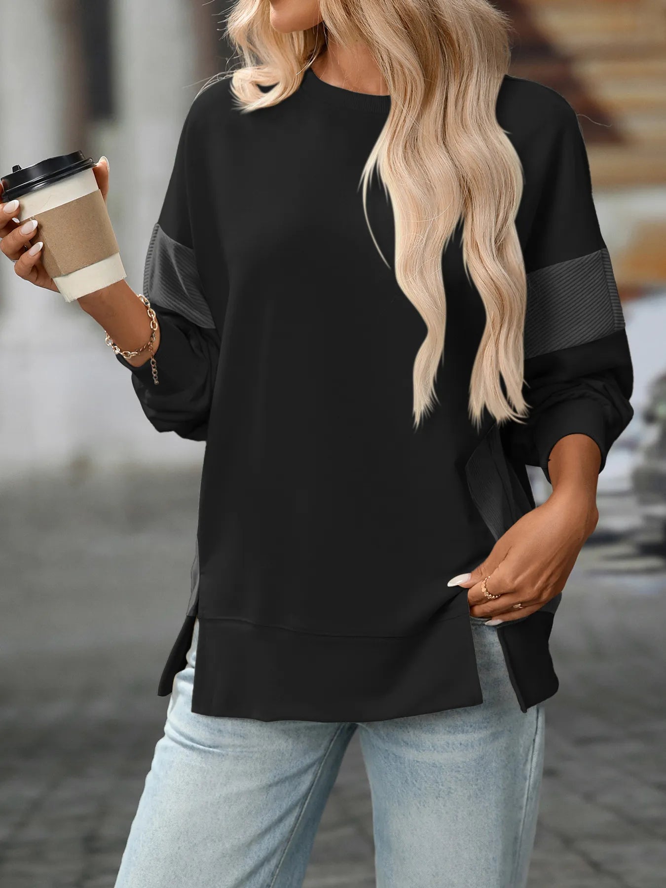 Trendsi Slit Round Neck Long Sleeve Sweatshirt