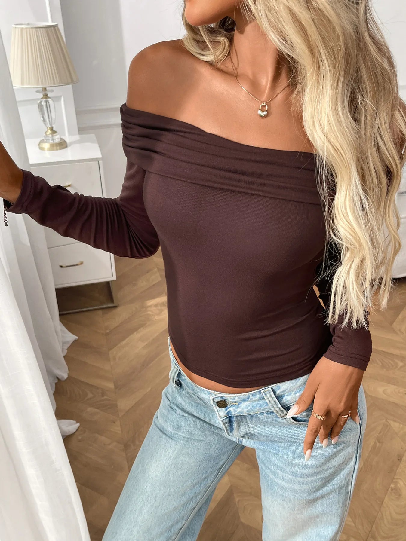 Trendsi Off-Shoulder Long Sleeve Fitted T-Shirt