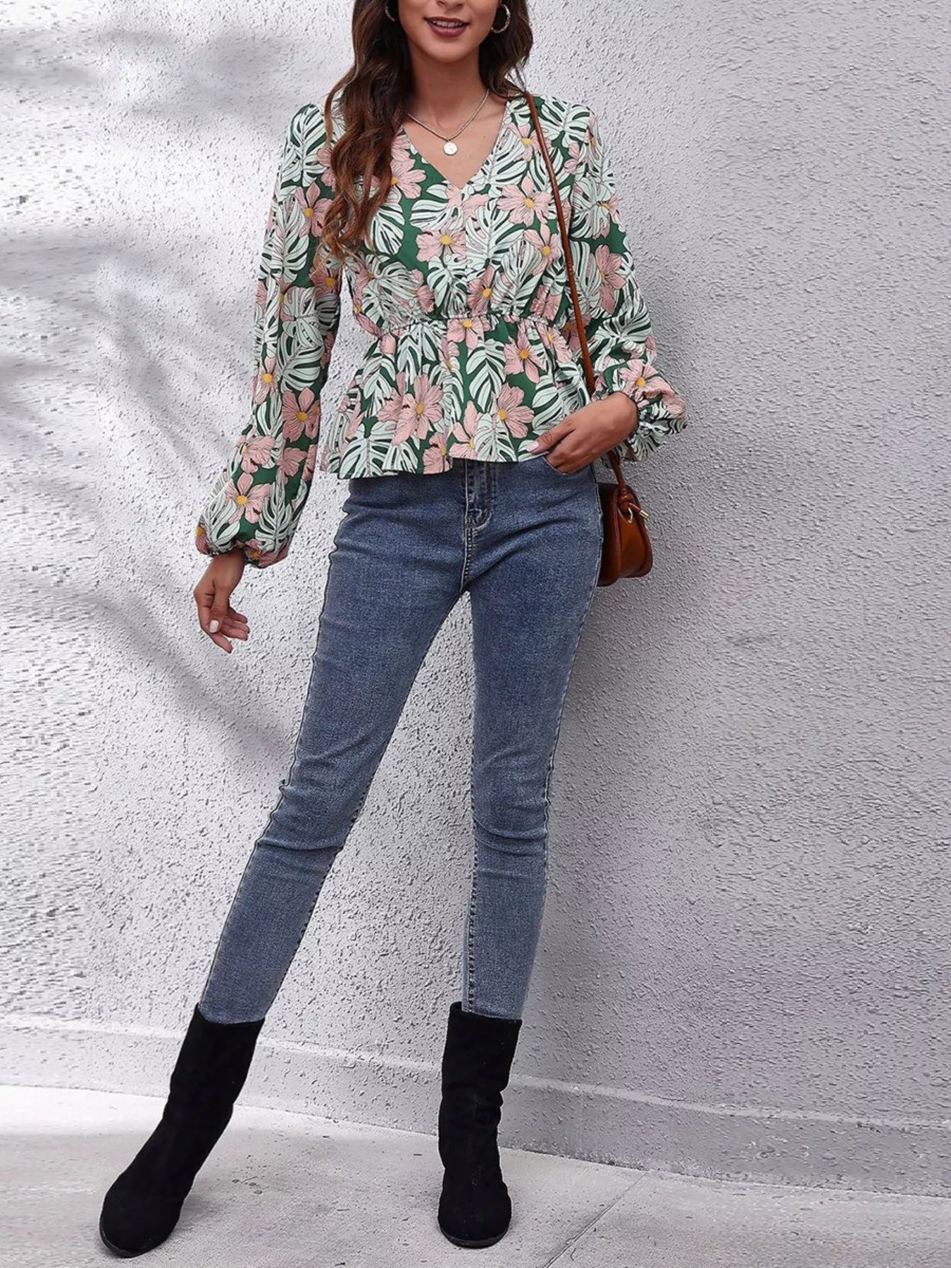 Trendsi Floral V-Neck Balloon Sleeve Blouse