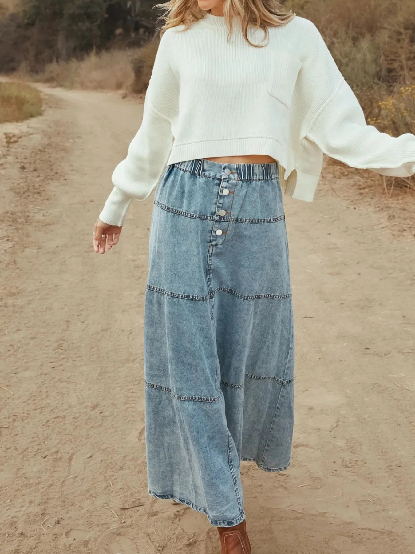 Button-Front Tiered Maxi Denim Skirt Easy Apparels
