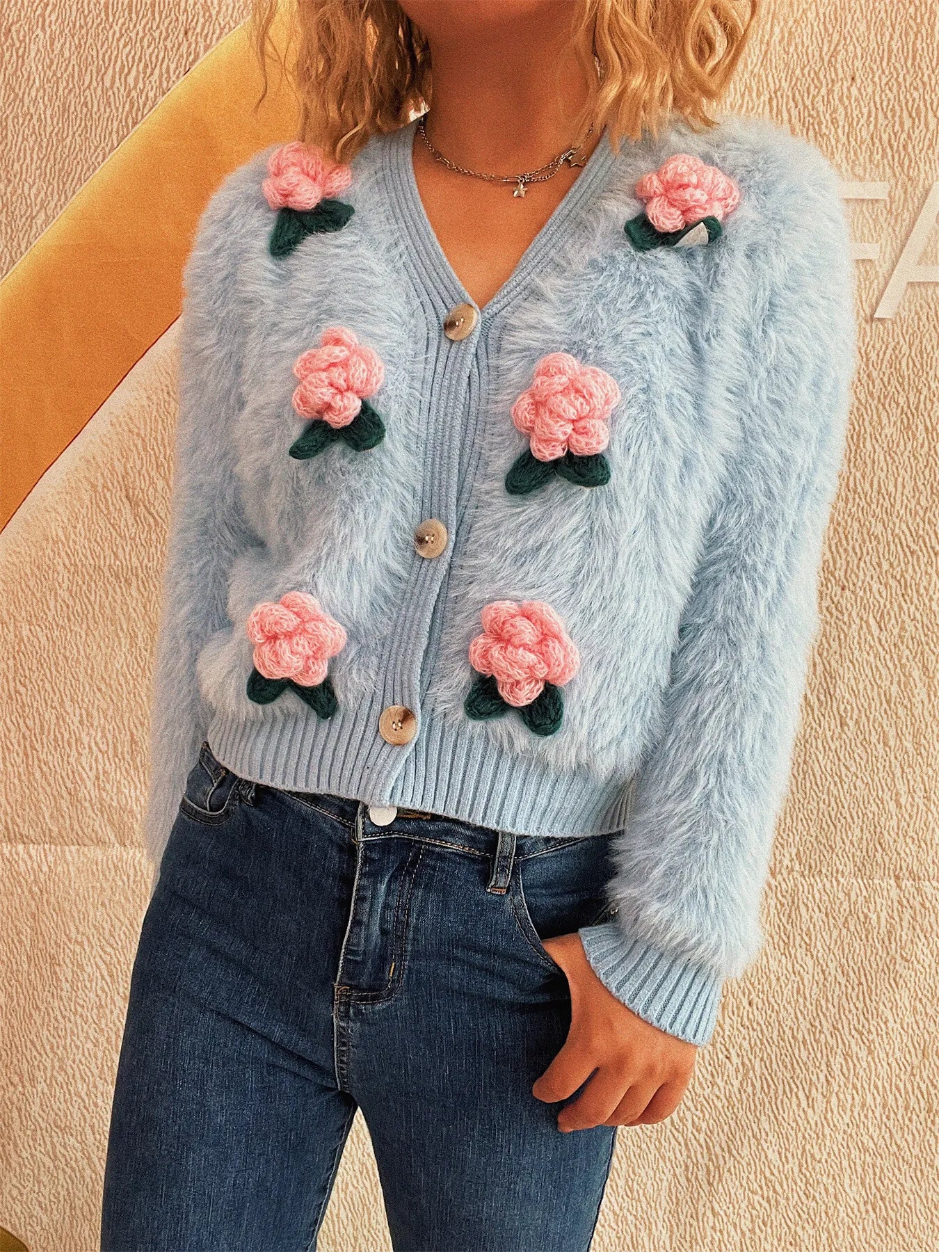 Flower Fuzzy Button-Up Cardigan Blue One Size Easy Apparels