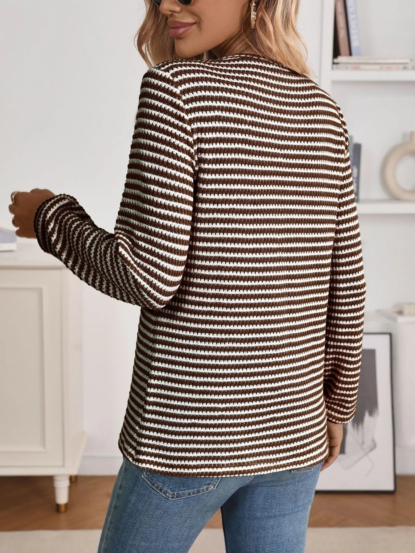 Trendsi Striped Button Detail Long Sleeve Top