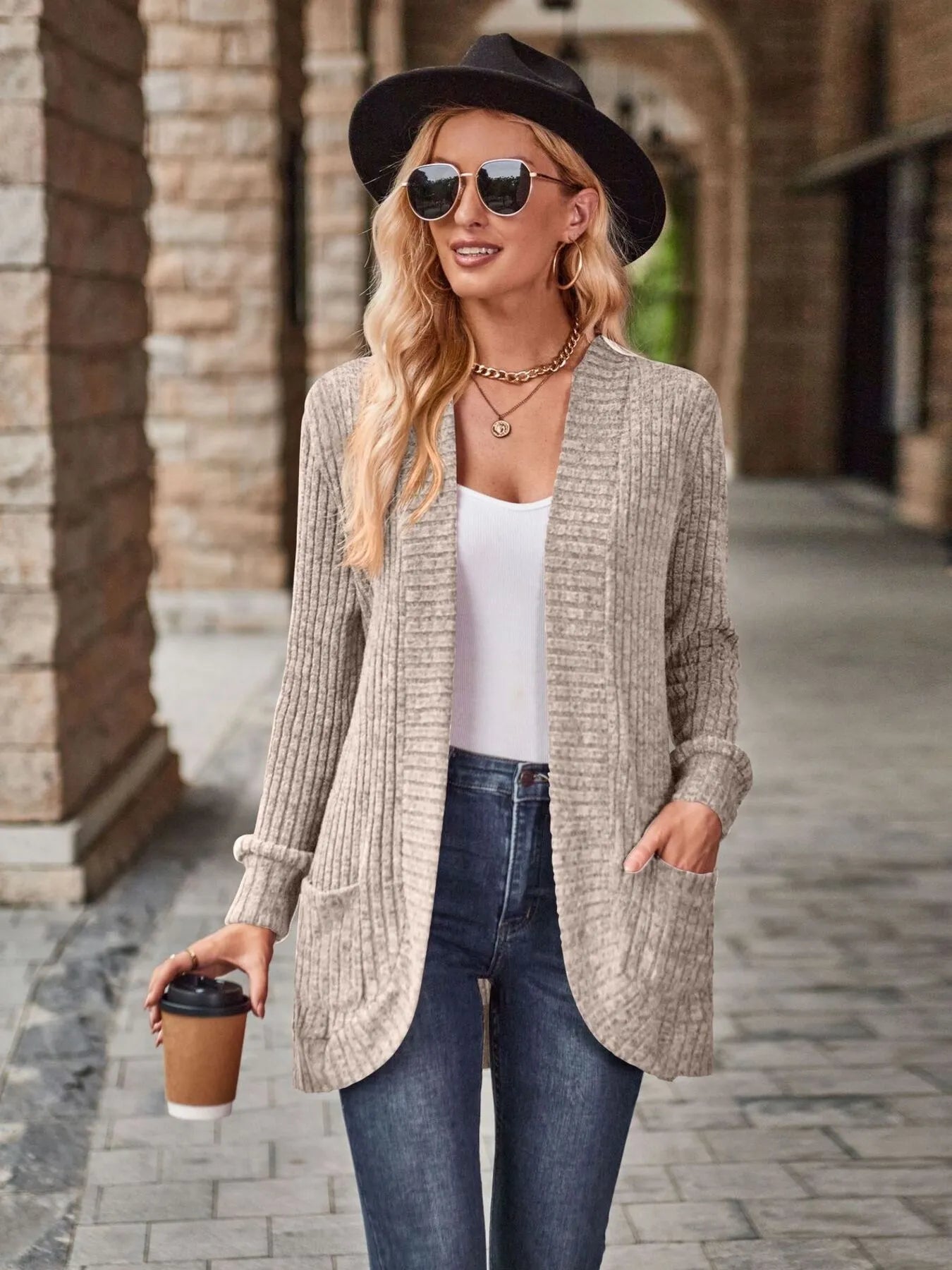 Ribbed Open Front Long Cardigan with Pockets Easy Apparels