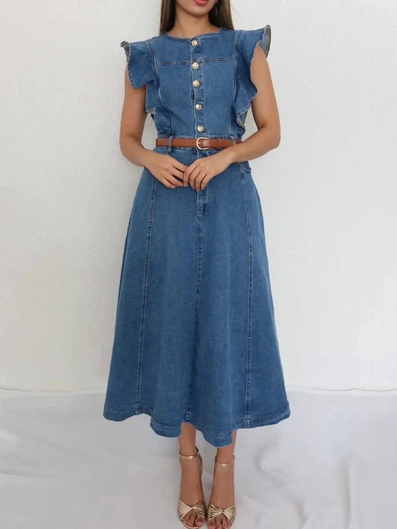 Button-Front Ruffle Sleeve Denim Midi Dress Easy Apparels