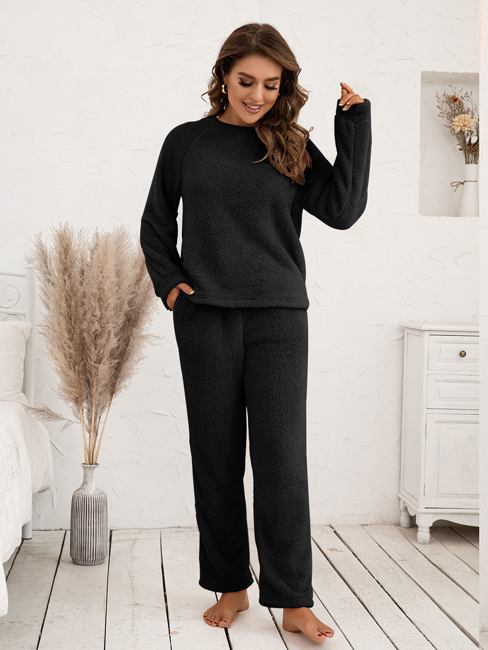 Ivy Lane Teddy Long Sleeve Top and Pants Lounge Set Black Easy Apparels