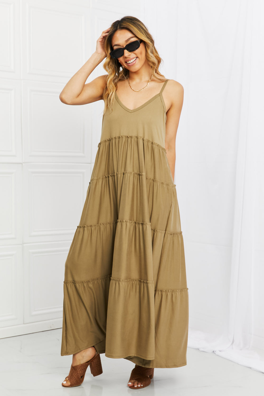 Zenana Full Size Spaghetti Strap Tiered Dress with Pockets in Khaki Easy Apparels