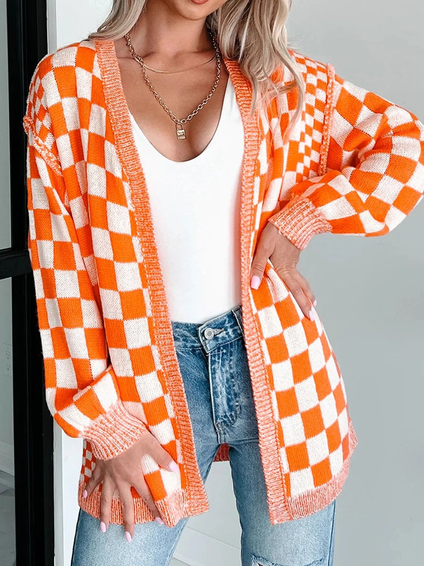 Checkered Pattern Open Front Cardigan Easy Apparels