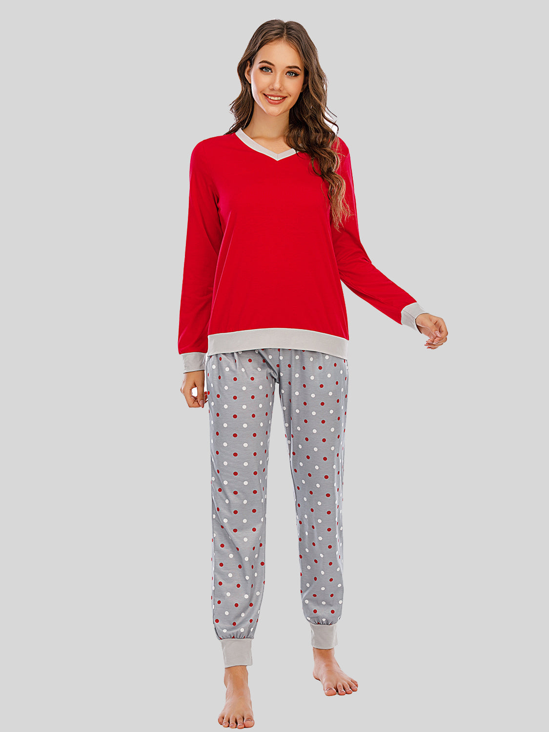 Long Sleeve Top and Polka Dot Pants Set Deep Red Easy Apparels