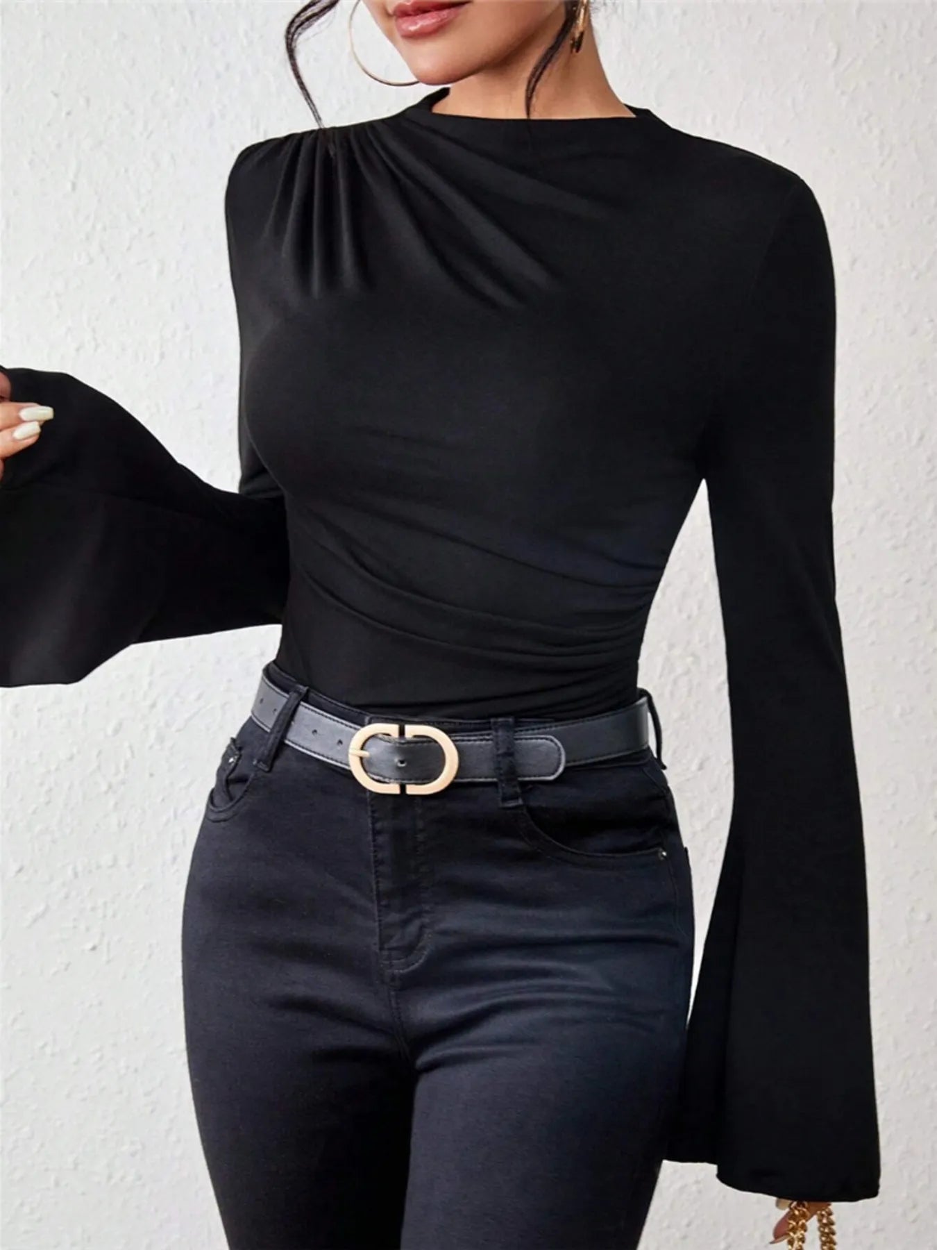 Trendsi Bell Sleeve Ruched Fitted T-Shirt with Mock Neck