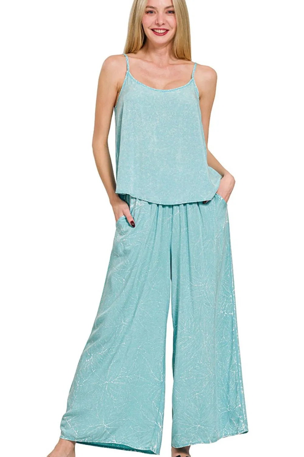 Zenana Woven Acid Crinkle Washed Cami & Pants 2 Piece Set DUSTY TEAL Easy Apparels