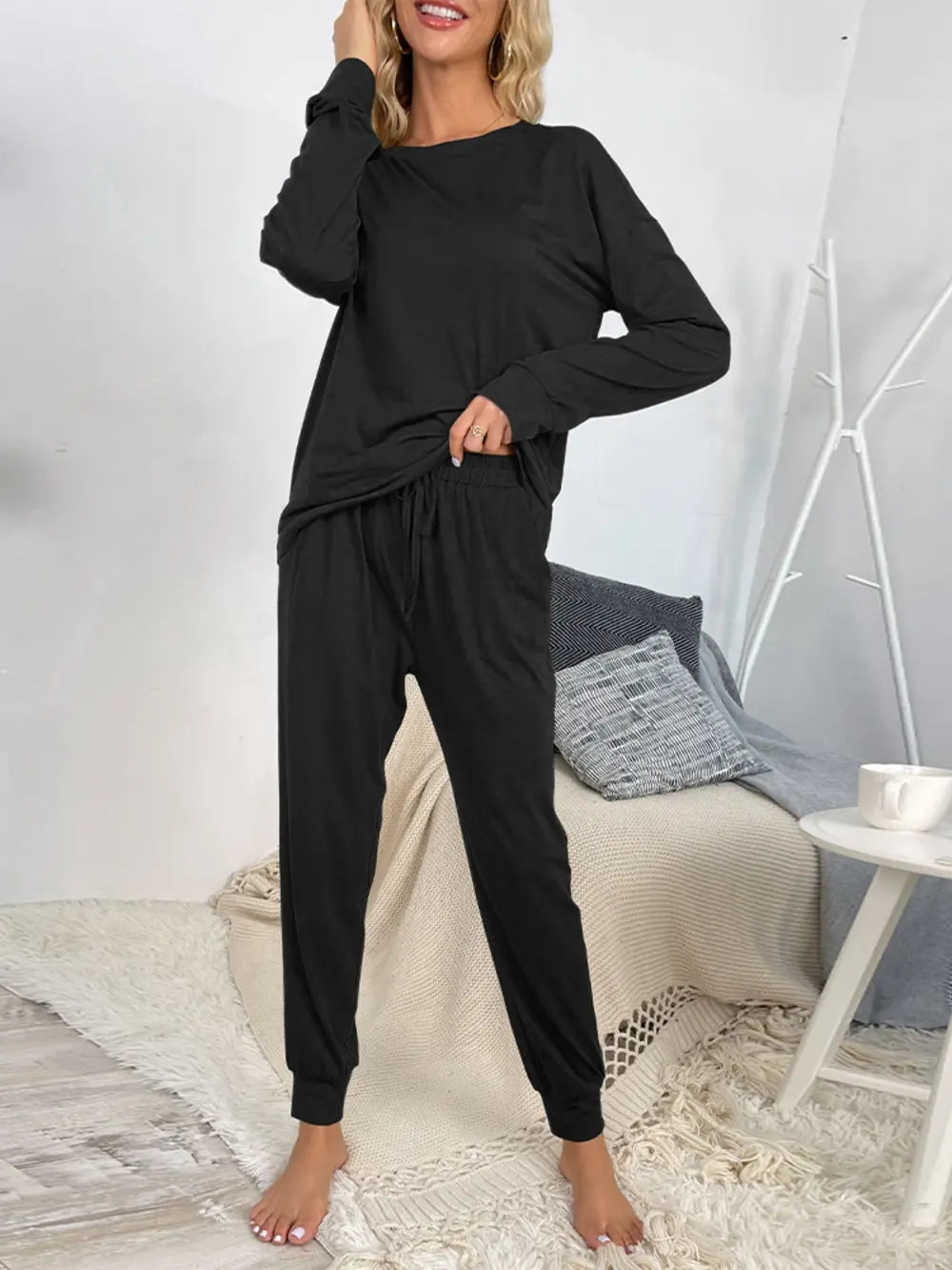 Shiny Round Neck Top and Drawstring Pants Lounge Set Black Easy Apparels