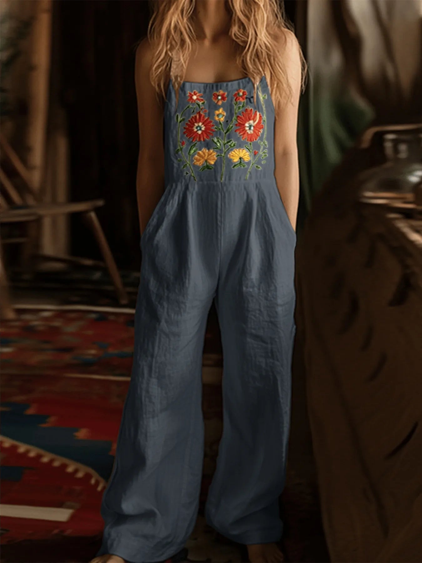 Floral Embroidered Wide Leg Jumpsuit Easy Apparels