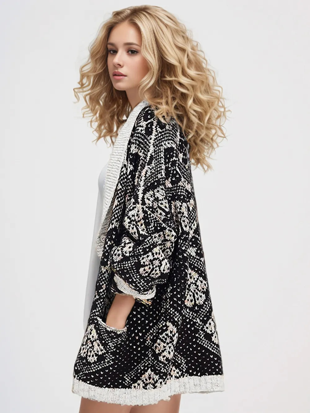 Open Front Long Sleeve Graphic Cardigan Easy Apparels