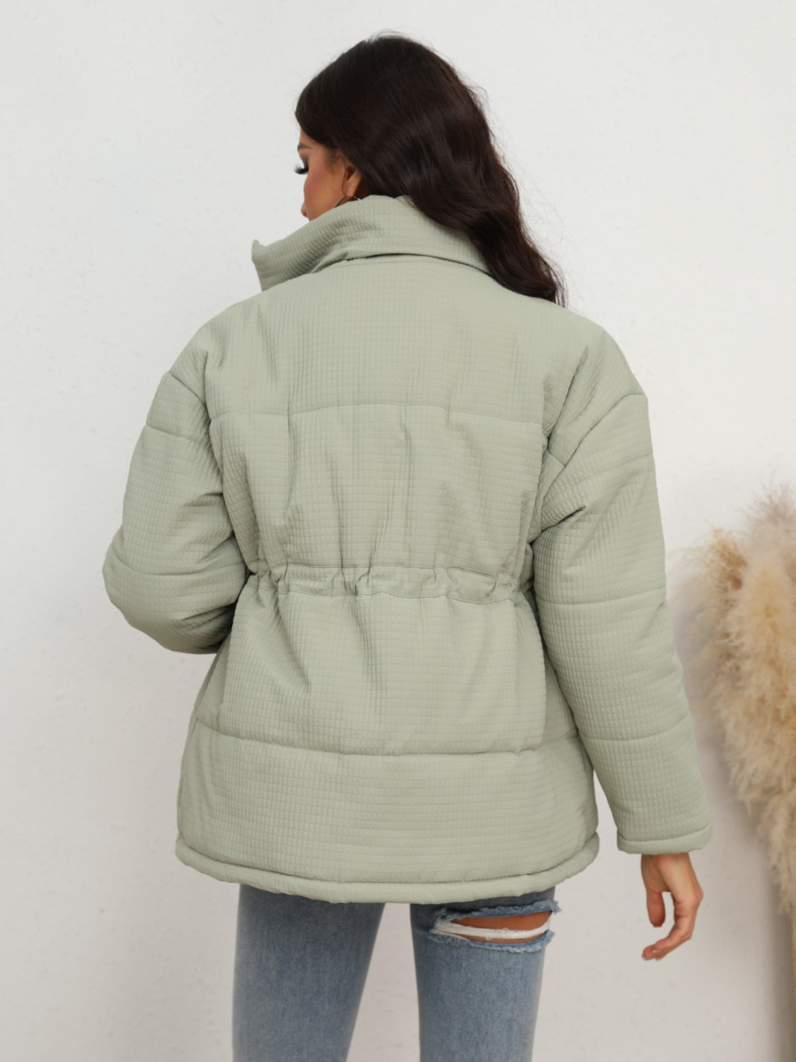 Drawstring Waist Zip-Up Puffer Jacket Easy Apparels