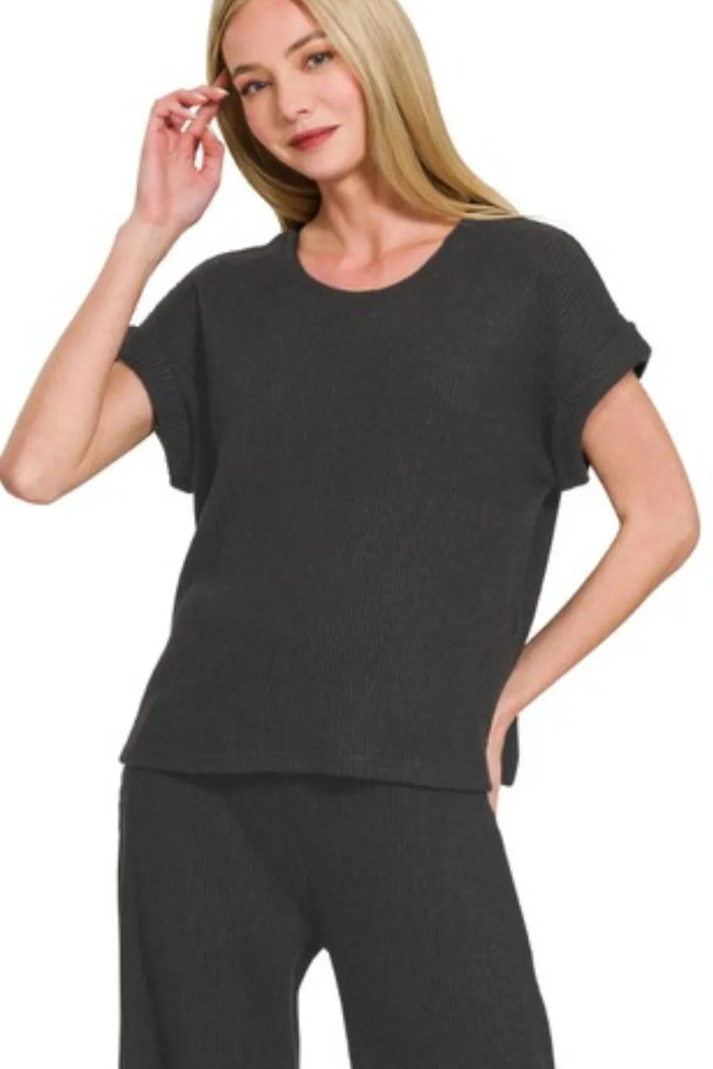 Zenana Rolled Sleeve Top and Pants Sweater Set Easy Apparels