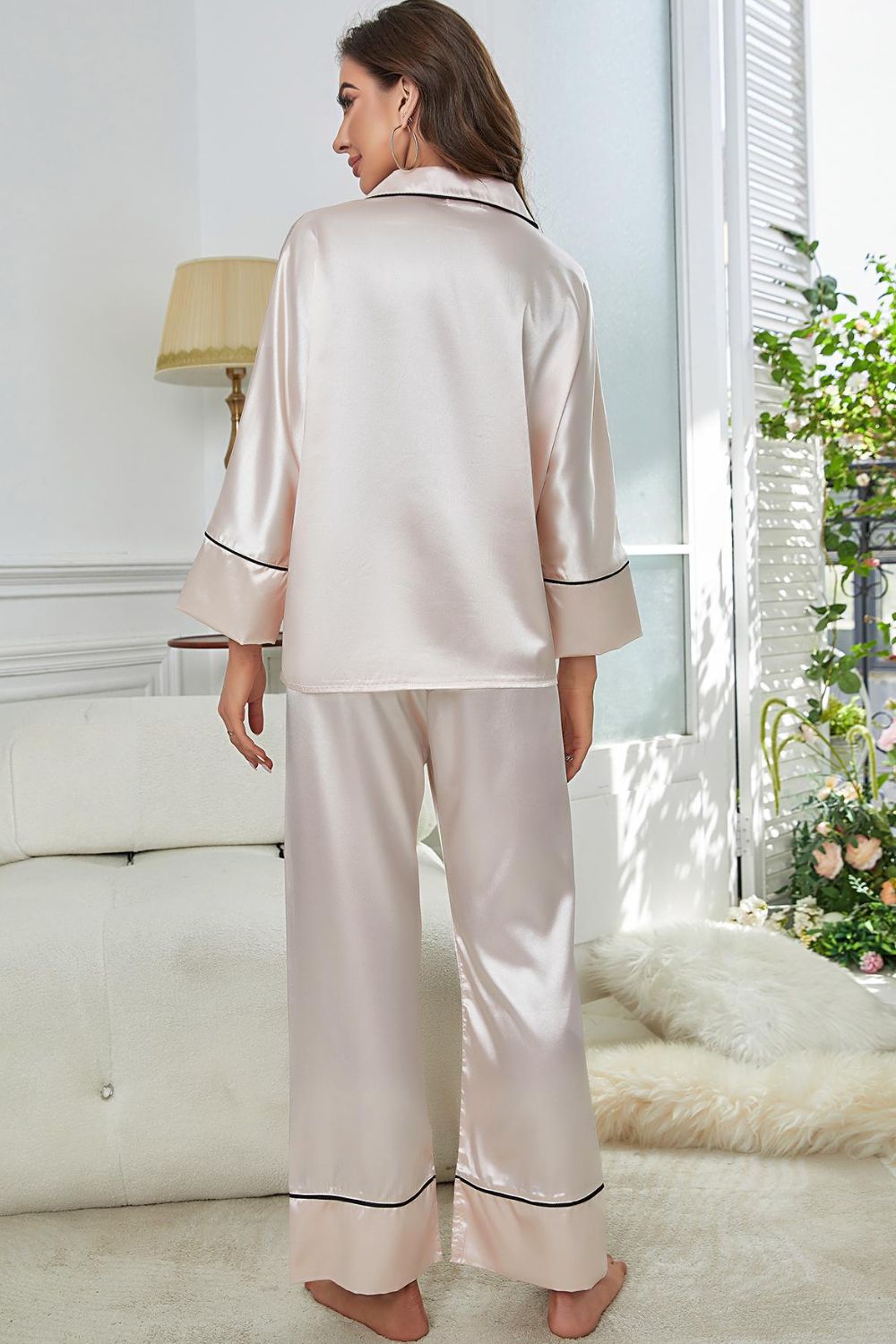 Contrast Piping Button-Up Top and Pants Pajama Set Easy Apparels